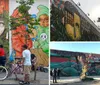 A group of people is seen in front of a vibrant street mural featuring an ethereal figure with a galaxy within her hands juxtaposed with other colorful and fantastical elements