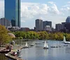 The image shows a scenic view of a river bustling with sailboats and a city skyline in the background indicating a harmonious blend of urban life and leisure activities