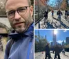 A man takes a selfie in the foreground with four people with bicycles standing under a bridge in the background