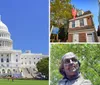 This image is a collage showcasing various iconic American scenes including the United States Capitol building historical colonial architecture an Amish market a bustling cobblestone street and a sculpture of Benjamin Franklin reflecting diverse aspects of American culture and history