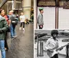 A man stands still holding a camera while the busy city life blurs around him