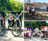 Three passengers are enjoying a ride in a pedal-powered rickshaw while a photographer captures the scene in a park with snow patches on the ground and a lake in the background