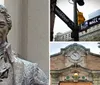 The image shows a close-up of a bronze statue of a historical figure set against a blurred background with architectural elements