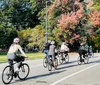 A person is biking along a street with lush greenery and colorful trees in the background