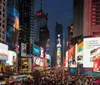 The image shows the vibrant Times Square in New York City at dusk bustling with people and illuminated by numerous bright digital billboards