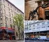 The image shows an urban street corner with a multi-story residential building a ground-floor restaurant with a red facade and tree-lined sidewalks evoking a typical New York City neighborhood vibe