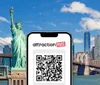 A smartphone displaying an attraction pass with a QR code is superimposed on a scenic backdrop featuring the Statue of Liberty and New York City skyline