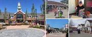 The image is a collage showing different scenes from an outdoor shopping center, featuring shoppers and various retail stores in a pleasant, sunny setting.