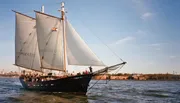 A tall ship named Clipper City with hoisted sails is filled with passengers and is sailing on the water under a clear sky.