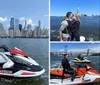 A man is sitting on a jet ski near the Statue of Liberty on a sunny day