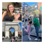 The image is a collage of three different photos displaying a happy woman holding a bagel, a couple dancing on a city street, and a group of people in front of a large arch monument, with watermark 