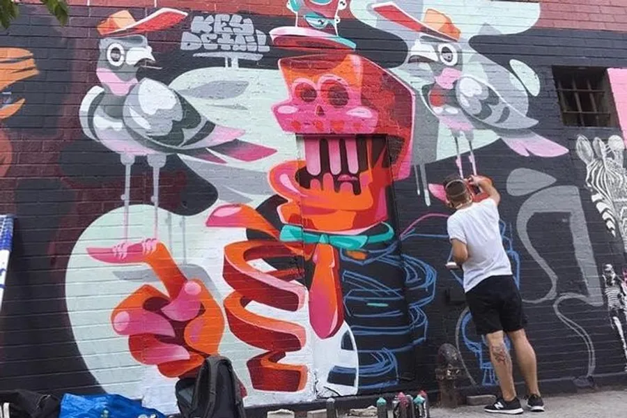 An artist is spray painting a colorful mural with abstract and playful characters on a wall.