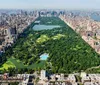 This is an aerial view of Central Park in New York City showcasing its expansive green space amidst the surrounding urban landscape