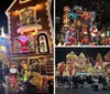 A bustling holiday scene where a crowd gathers in front of festively decorated homes illuminated by Christmas lights and flanked by giant nutcracker statues