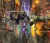 A horse-drawn carriage adorned with yellow and pink plumes and decorations is trotting through an urban street with passengers and a driver onboard amidst modern vehicular traffic