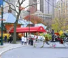 A horse-drawn carriage with a driver is trotting along a paved park road offering a glimpse of an iconic mode of traditional transportation amidst a natural and urban backdrop