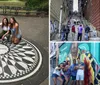 Four individuals are posing with smiles around the iconic black and white Imagine mosaic memorial in Central Park
