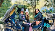 Three people are smiling while seated in a festively decorated horse-drawn carriage.
