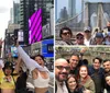 A group of joyful people are posing with raised arms in a bustling Times Square surrounded by bright advertisements and city life